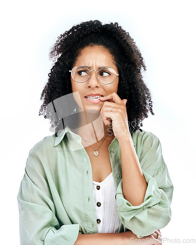 Image of Bite finger, thinking and face of woman on a white background with worry, doubt and uncertain. Anxiety, confused and female person worried, anxious and unsure for problem, crisis and choice in studio