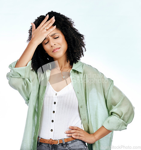 Image of Stress, frustrated and face of black woman on a white background with worry, doubt and crisis. Thinking, hand on head and isolated female person worried, anxious and unsure for problem in studio