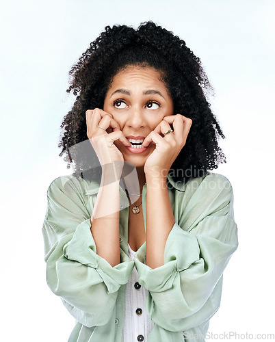 Image of Bite nails, thinking and face of woman in studio with worry, doubt and uncertain on white background. Anxiety, confused and female person with panic, anxious and unsure for problem, crisis and choice