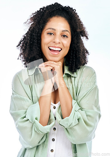 Image of Face, confident and portrait of happy woman with smile isolated in a studio on white background. Biracial girl, relax or proud female person with a positive mindset, optimism or joy in casual clothes