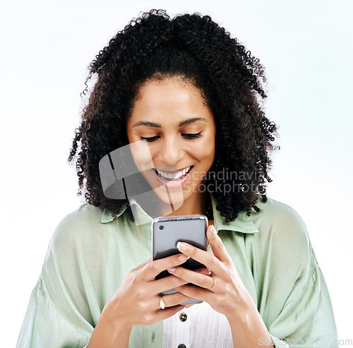 Image of Phone, meme or happy woman texting for gossip or fake news isolated on a white background in studio. Smile, blog search or female person reading post on social media or typing a message on mobile app