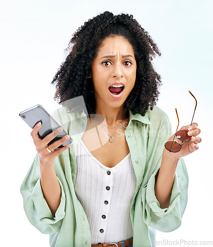 Image of Phone, wow or portrait of shocked woman with surprise gossip or fake news on white background in studio. Girl, sunglasses or person with scam on social media post, mobile app or fashion announcement