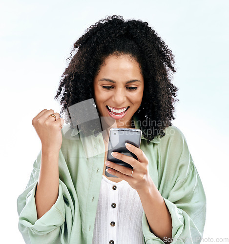 Image of Phone winner, wow or celebration of happy woman with good news in studio isolated on white background. Online gambling, surprise or excited female person winning success or lottery on mobile app