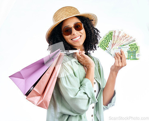 Image of Shopping, money and portrait of happy woman in studio with cashback, bonus or deal on white background. Cash, payment and face of female customer excited for retail, store or mall, sale or giveaway