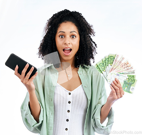 Image of Woman, phone and money in studio portrait with wow for prize, investment or excited by white background. Isolated African girl, smartphone and winner with cash fan, giveaway or profit on fintech app