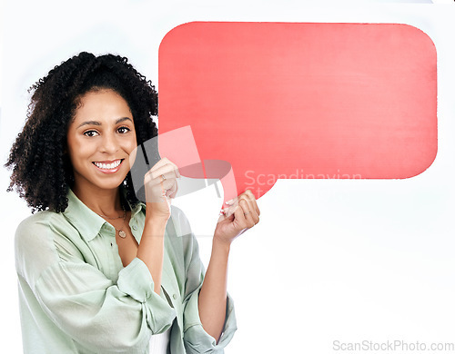 Image of Woman portrait, smile and speech bubble in studio for feedback, voice or FAQ, forum or conversation on white background. Face, smile and female show poster space for social media, contact or info