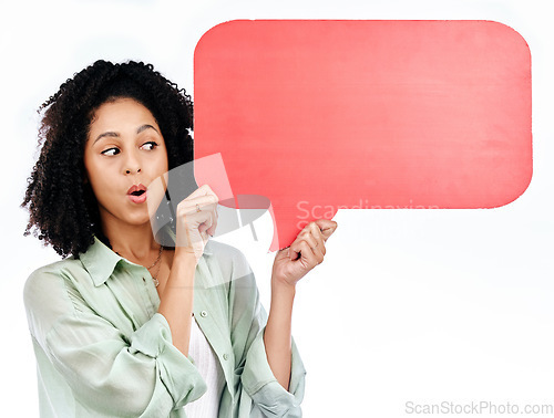 Image of Space, wow and woman with speech bubble in studio for news, promo or how to steps on white background. Omg, sale and surprised lady with poster for checklist, sign up or translation, review or quote