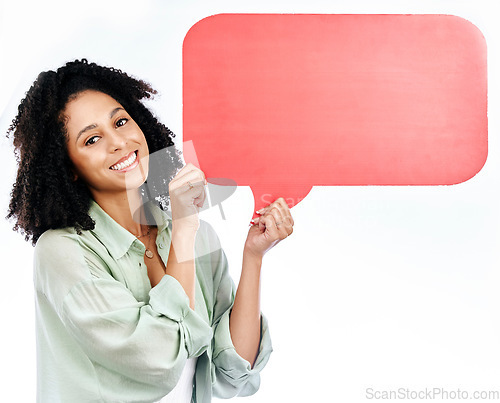 Image of Happy woman, portrait and speech bubble in studio for voice, feedback or FAQ, forum or conversation on white background. Face, smile and female show poster space for social media, contact or info