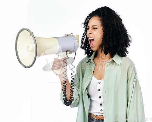 Image of Woman, loudspeaker and angry protest in studio with shouting, noise and politics by white background. Isolated African girl, student and megaphone for justice, speech and change in human rights goal
