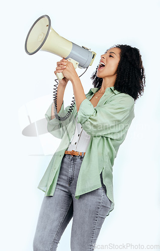 Image of Woman, megaphone and protest leader in studio with shouting, noise and politics by white background. Isolated African girl, student and audio tech for justice, speech and change in human rights goals