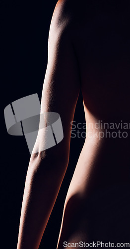 Image of Sexy, body and woman on black background for sensual, seduction and erotic silhouette. Beauty aesthetic, fantasy and figure of female person in dark studio for seductive art deco, cosmetics and glow