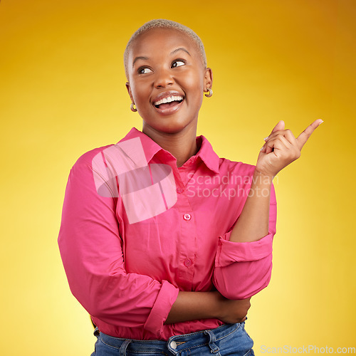 Image of Thinking, idea and happy black woman in studio for choice, option or answer on yellow background. Questions, why and African lady smile for solution, planning or opinion, decision or problem solving