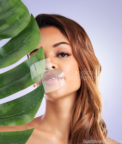 Image of Woman, portrait and monstera leaf for beauty, natural cosmetics and eco dermatology on purple background. Face, studio model and green plant leaves for sustainable skincare, vegan aesthetic and glow