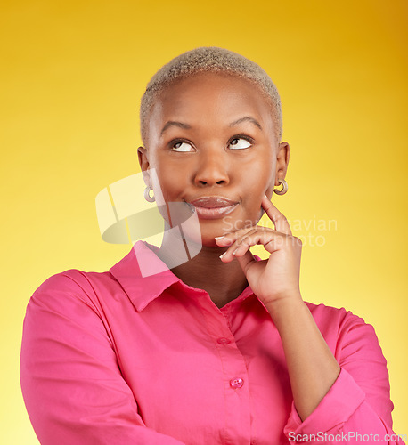 Image of Annoyed, face and black woman in studio with bad attitude, rolling eyes or doubt emoji on yellow background. Wtf, whatever and bored African female frustrated by drama, gossip or fake news reaction