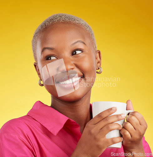 Image of Woman, thinking and smile with coffee in studio for motivation, inspiration and a break. Face of a happy black female model person on a yellow background with a tea cup for ideas, choice and relax