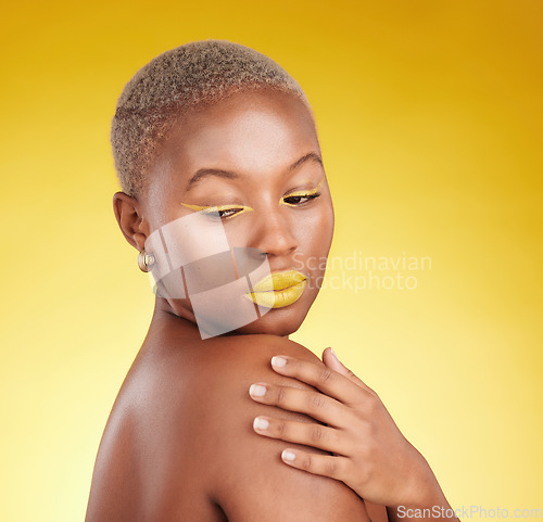 Image of Thinking, makeup and woman with skincare, ideas and dermatology against a yellow background. Female person, fantasy or model with cosmetics, facial and grooming with aesthetic, wellness and self care