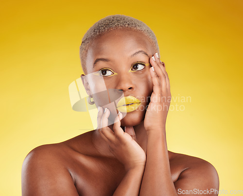 Image of Thinking, makeup and woman with skincare, beauty and dermatology against a yellow background. Female person, fantasy or model with cosmetics, facial or decision with aesthetic, wellness and self care