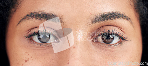 Image of Eyes, vision and face closeup of woman for eyesight, optical care and eyelash extension with mascara. Eyebrows, eyecare and portrait of natural female person with cosmetics, microblading and beauty