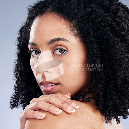 Image of Beauty, skincare and touch with portrait of woman in studio for cosmetics, facial and glow. Spa treatment, makeup and self care with face of person on background for wellness, dermatology and health