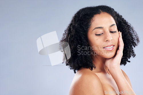 Image of Skincare, face and hand of woman for beauty in studio isolated on a white background mockup space. Natural, cosmetic and African model with spa facial treatment for aesthetic, wellness or skin health