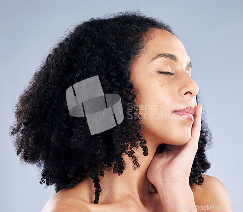 Image of Skincare, face and woman touch for beauty in studio isolated on a white background. Natural, cosmetic and African model with eyes closed in spa facial treatment for aesthetic, wellness or skin health