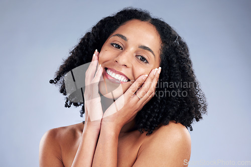 Image of Happy, beauty and portrait of a woman with hands on face for dermatology, cosmetics and natural makeup. Headshot of African female model on studio background for facial skin care, glow and soft touch