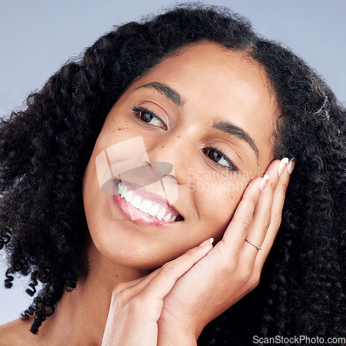 Image of Face smile, skincare and woman touch for beauty in studio isolated on a white background. Natural, cosmetics and happy African model with spa facial treatment for aesthetic, wellness and healthy skin