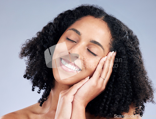 Image of Face, skincare and woman sleeping in studio isolated on a white background. Natural beauty, cosmetics and happy African model smile with spa facial treatment for aesthetic, wellness and healthy skin.