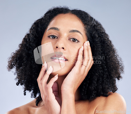 Image of Portrait, skin and mockup with a model black woman in studio on a gray background for beauty. Face, aesthetic and skincare with a young female person at the salon for luxury wellness or treatment