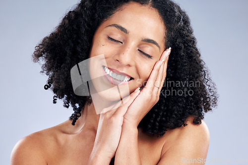 Image of Face, skincare and woman sleep for beauty in studio isolated on a white background. Natural, cosmetics and happy African model smile for spa facial treatment for aesthetic, wellness and healthy skin.