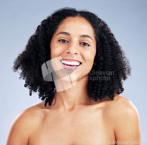 Image of Skin, beauty and smile of a woman for natural skincare, dermatology and cosmetics or makeup. Portrait of a happy African female model on a studio background for facial self care, glow and wellness