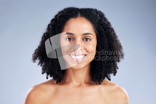 Image of Beauty, face and portrait of a woman for skincare, dermatology and cosmetics or natural makeup. Headshot of happy african female model on studio background for facial self care, glow and teeth smile