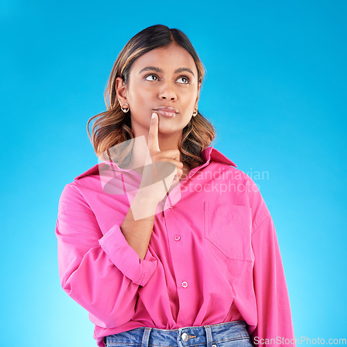 Image of Thinking, planning and a woman on a blue background with knowledge, idea and inspiration. Dream, young and an Indian girl with a vision of an opportunity, decision or a choice isolated on a backdrop