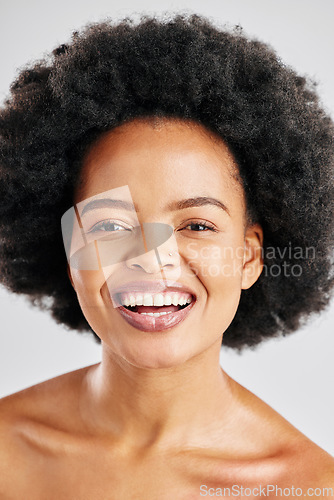 Image of Cosmetics portrait, afro and African happy woman with beauty, skincare facial glow or healthy hair care, growth or texture. Studio face makeup, comedy joke and spa person laughing on white background