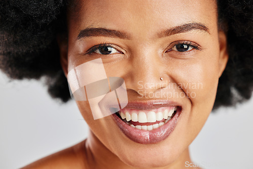 Image of Beauty portrait, dental or African woman smile for studio skincare shine, facial cosmetics or clean teeth whitening. Natural aesthetic makeup, oral tooth care or happy person face on white background