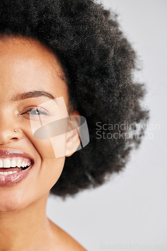 Image of Skincare portrait, afro and African happy woman with studio beauty, skin cosmetics glow or healthy hair texture. Half face makeup, comedy humour joke and wellness person laughing on white background