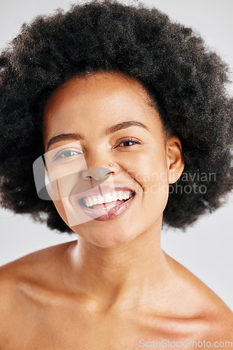 Image of Portrait, happy black woman and face for skincare, aesthetic glow and dermatology on white background. Female model, natural beauty and afro hair in studio for shine, healthy facial cosmetic or smile