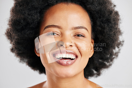 Image of Beauty, portrait and African woman smile for studio skincare, natural cosmetics or facial glow, anti aging or hair care. Aesthetic face makeup, happiness or real person laugh on white background