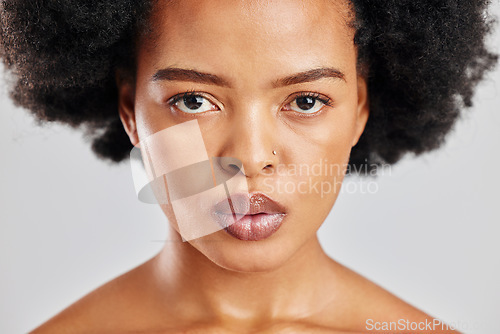 Image of Beauty, studio lip gloss and African woman with skincare shine, facial cosmetics and natural aesthetic makeup. Lipstick, cosmetology and spa face of female person with self care on white background