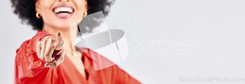 Image of Woman, hands and pointing to you in studio for choice, decision of winner and volunteering on mockup space. Closeup, banner and finger emoji of happy model for recruitment, hiring or white background