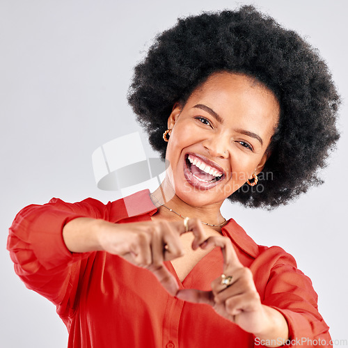 Image of Portrait, mockup and black woman with heart hands, support and review on a white studio background. Face, female person and happy model with symbol for love, like and emoji with motivation and hope