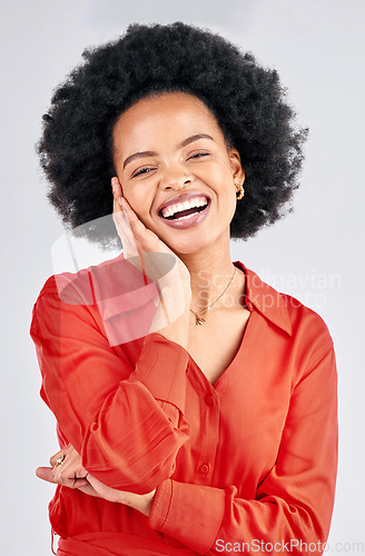 Image of Portrait, smile and fashion with a black woman in studio on a white background for trendy style. Aesthetic, confident and red clothes with a happy young afro female model posing in a clothing outfit