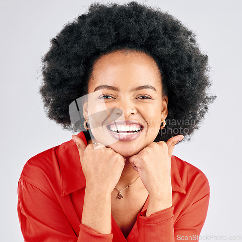 Image of Portrait, black woman and smile with happiness, excited and cheerful girl against a white studio background. Face, female person and Jamaican model with joy, fashion and afro with positive mindset