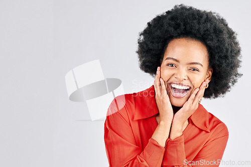 Image of Portrait, surprise and black woman with mockup, excited and announcement on a white studio background. Face, female person and model with happiness, funny and wow with winner, discount sale and news