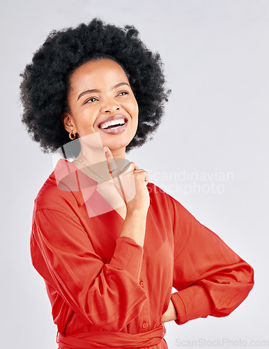 Image of Happy black woman, thinking face and ideas in studio of vision, mindset and planning future inspiration on white background. Female model, smile and daydream of decision, remember memory and solution