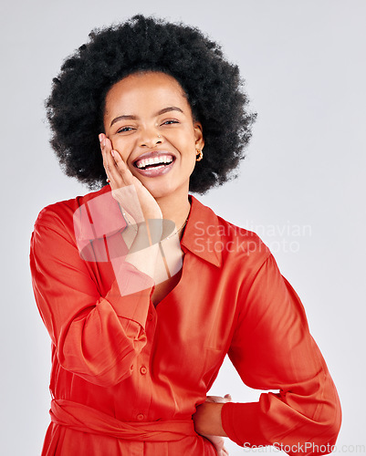 Image of Portrait, happy and fashion with an afro black woman in studio on a white background for trendy style. Aesthetic, smile and red clothes with a confident young female model posing in a clothing outfit