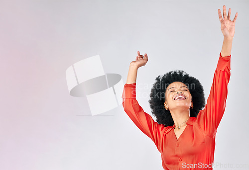 Image of Happy black woman, dance and success in studio for freedom, celebrate party and winning bonus lottery with mockup space. Excited female model, celebration and dancing with energy on white background