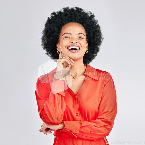 Image of Happy, smile and portrait of businesswoman in studio with success, confidence and leadership. Happiness, excited and young African female creative designer with positive mindset by gray background.