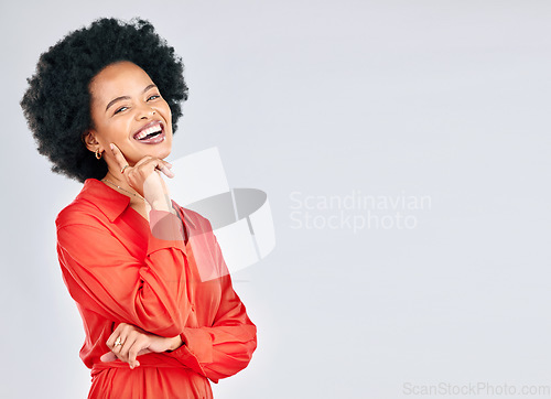 Image of Happy, mockup and portrait of black woman on a studio background with arms crossed or pride. Smile, expert and African employee or corporate worker isolated on a backdrop with space for advertising