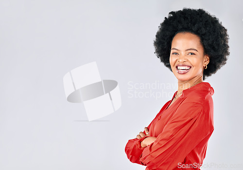 Image of Portrait, fashion and mockup with an afro black woman in studio on a white background for trendy style. Space, confident and red clothes with a happy young female model posing in a clothing outfit